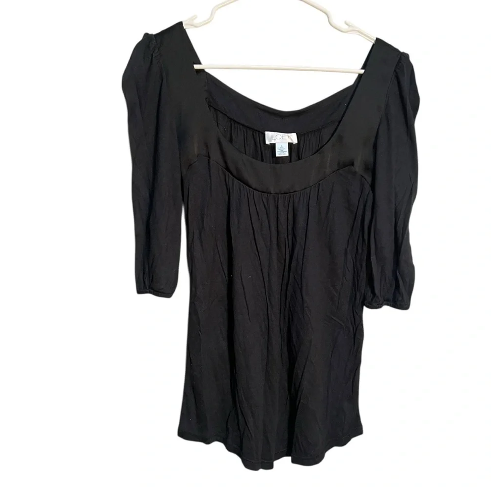 Loft Women's Size Small Square Neck Blouse Puff Sleeve Black Satin Trim Modal